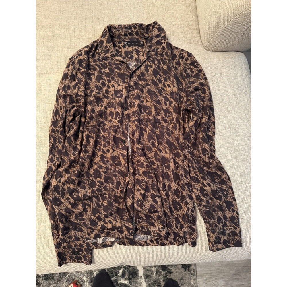 Allsaints Monteray Shirt Mens Small Brown Leopard Print Long Sleeve Button Up
